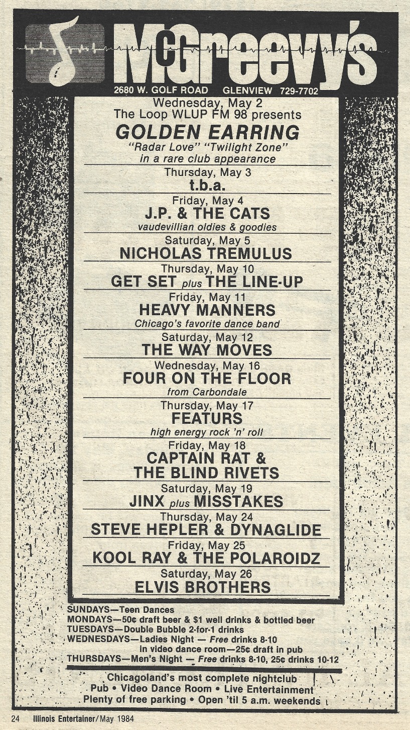 May 02 1984 McGreevy's Show announcement Illinois Entertainer May 1984 issue.
